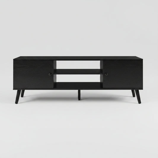 Black TV stand with dimensions and weight capacity displayed