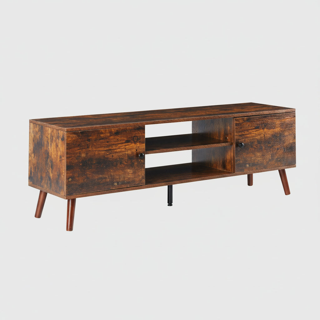 Wooden TV stand with dimensions and weight capacity displayed