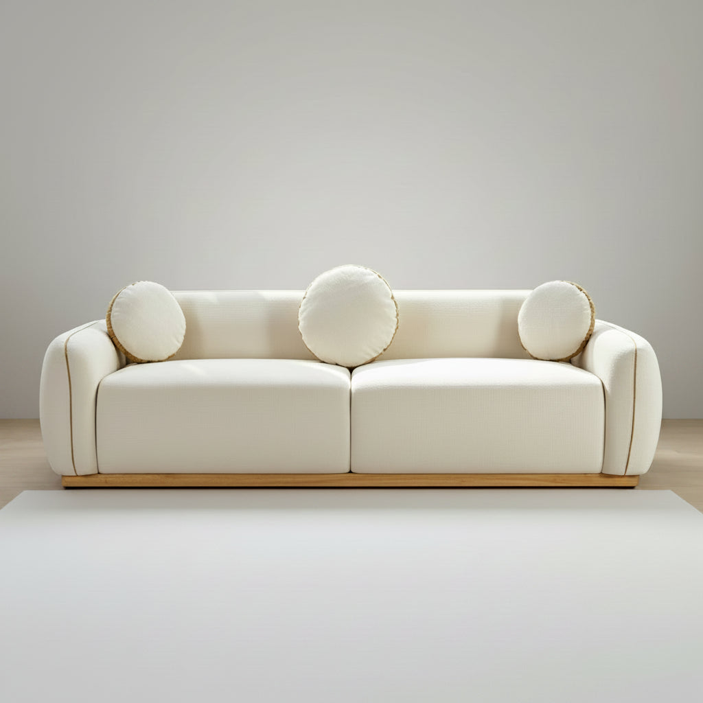 A cream-colored upholstered sofa with three round matching pillows, set in a bright modern living room with a marble coffee table, sheer curtains, and a large window overlooking green mountains.