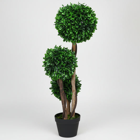 Artificial topiary plant with three spherical green balls on a white background