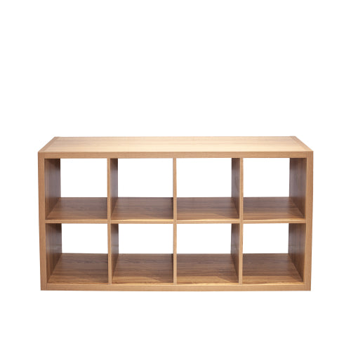 Wooden shelf with six square compartments on a white background