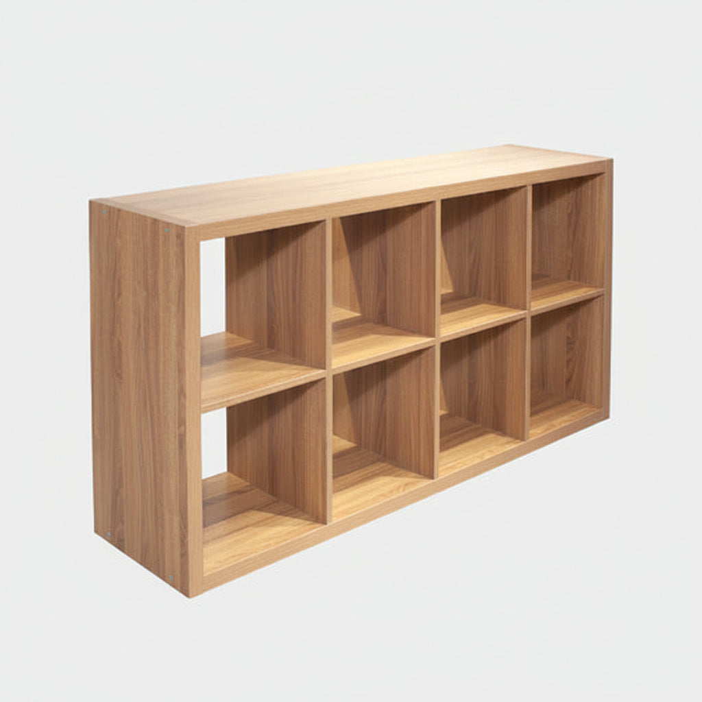 Wooden bookshelf with multiple compartments on a white background