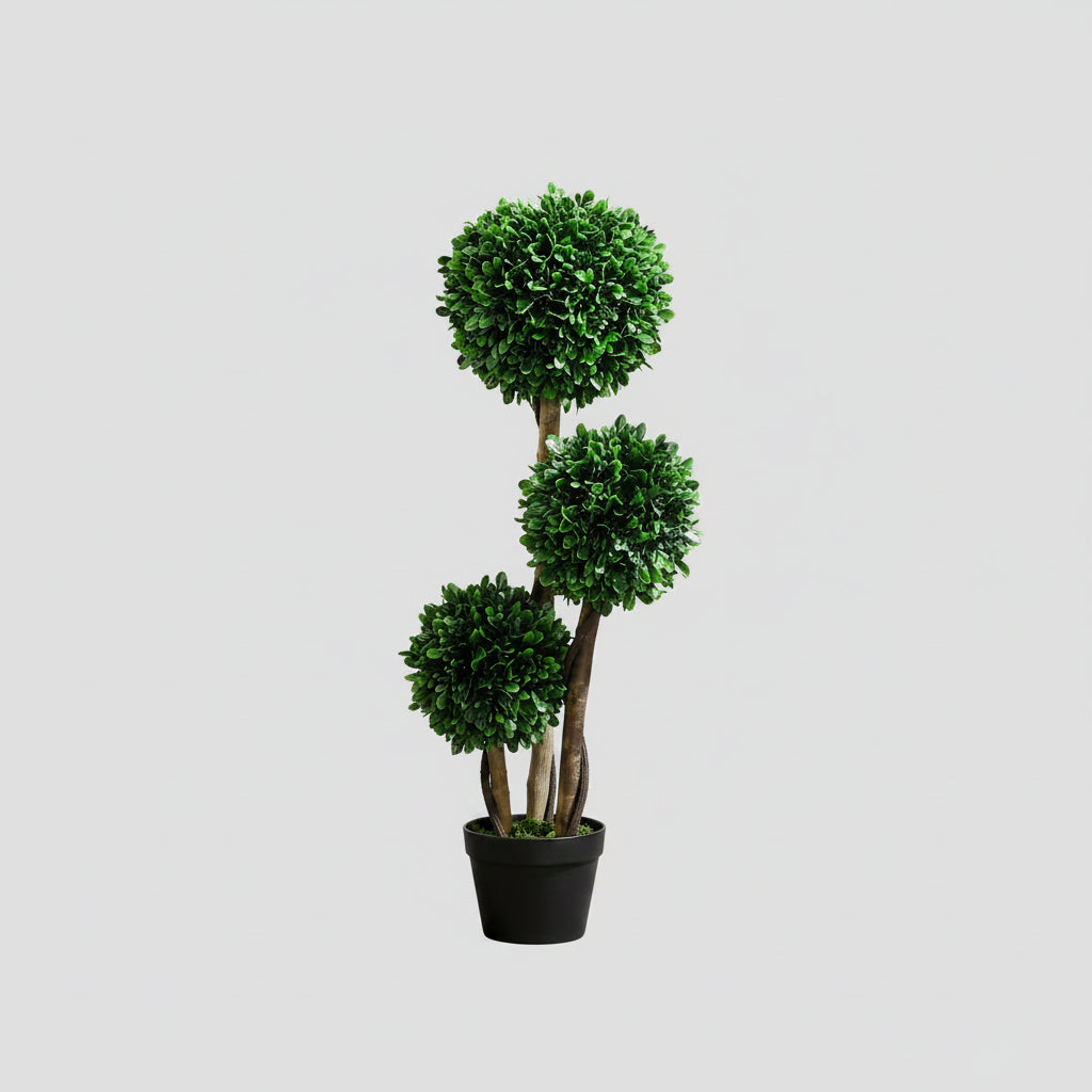 3ft Artificial Tree, Triple Ball Boxwood Topiary with Pot and Sandalwood Leaves, for Indoor Outdoor Home..