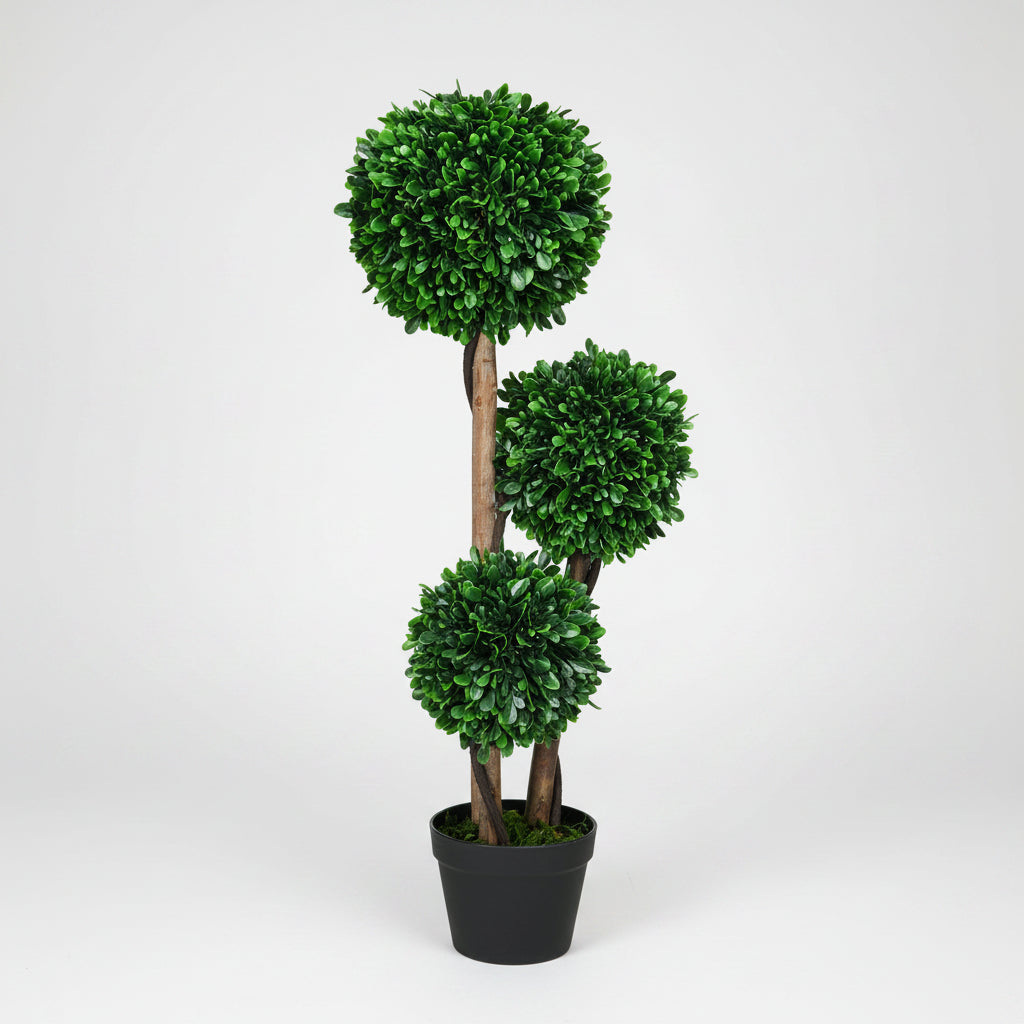 3ft Artificial Tree, Triple Ball Boxwood Topiary with Pot and Sandalwood Leaves, for Indoor Outdoor Home.