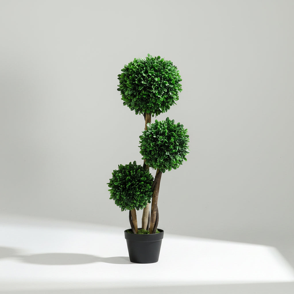 3ft Artificial Tree, Triple Ball Boxwood Topiary with Pot and Sandalwood Leaves, for Indoor Outdoor Home