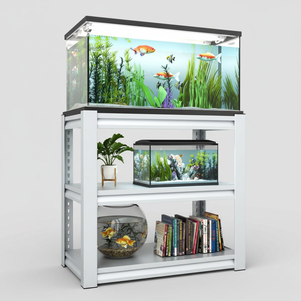 White aquarium stand with various fish tanks and books in a room setting.