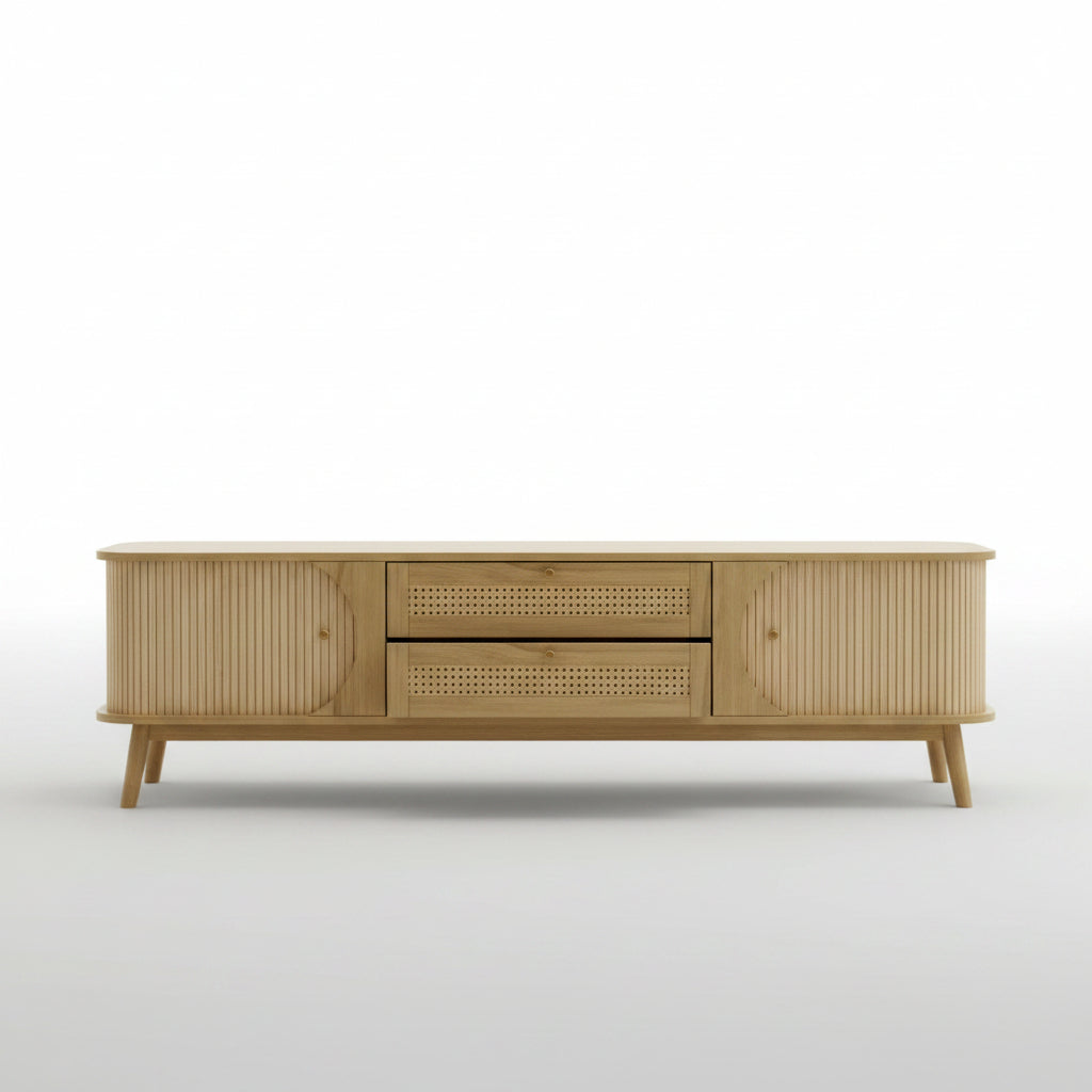 Wooden TV stand with decorative items in a living room setting