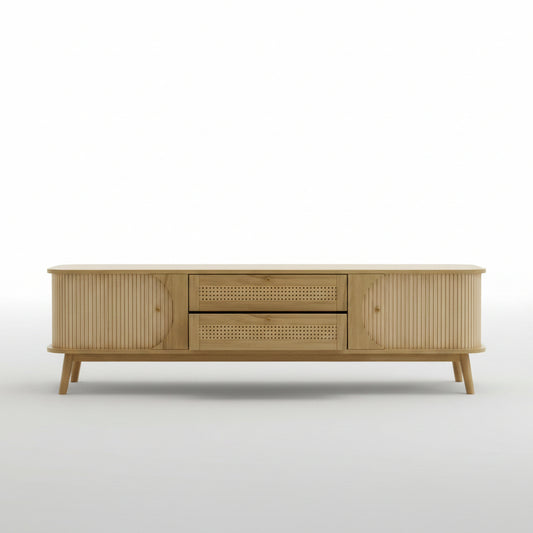 Wooden TV stand with decorative items in a living room setting