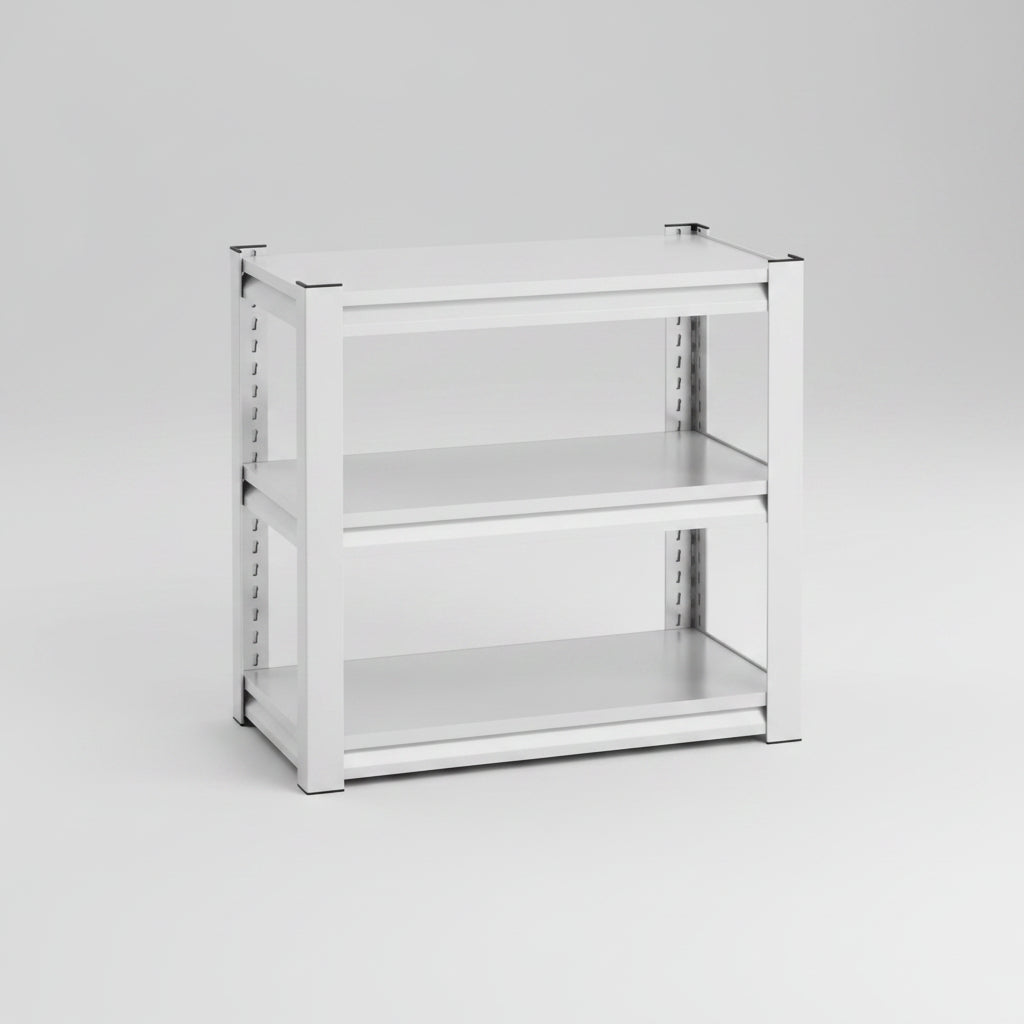 Metal shelving unit with three shelves on a white background