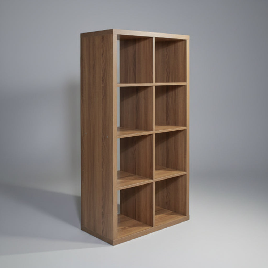 Wooden bookshelf with multiple shelves against a light gray wall.