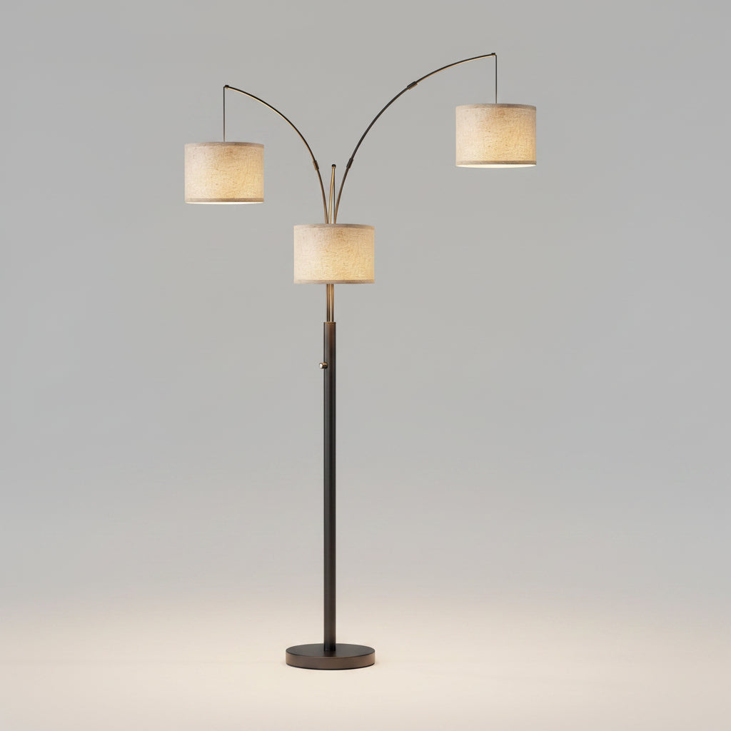 Triple head arc floor lamp in a bedroom setting with text overlay.