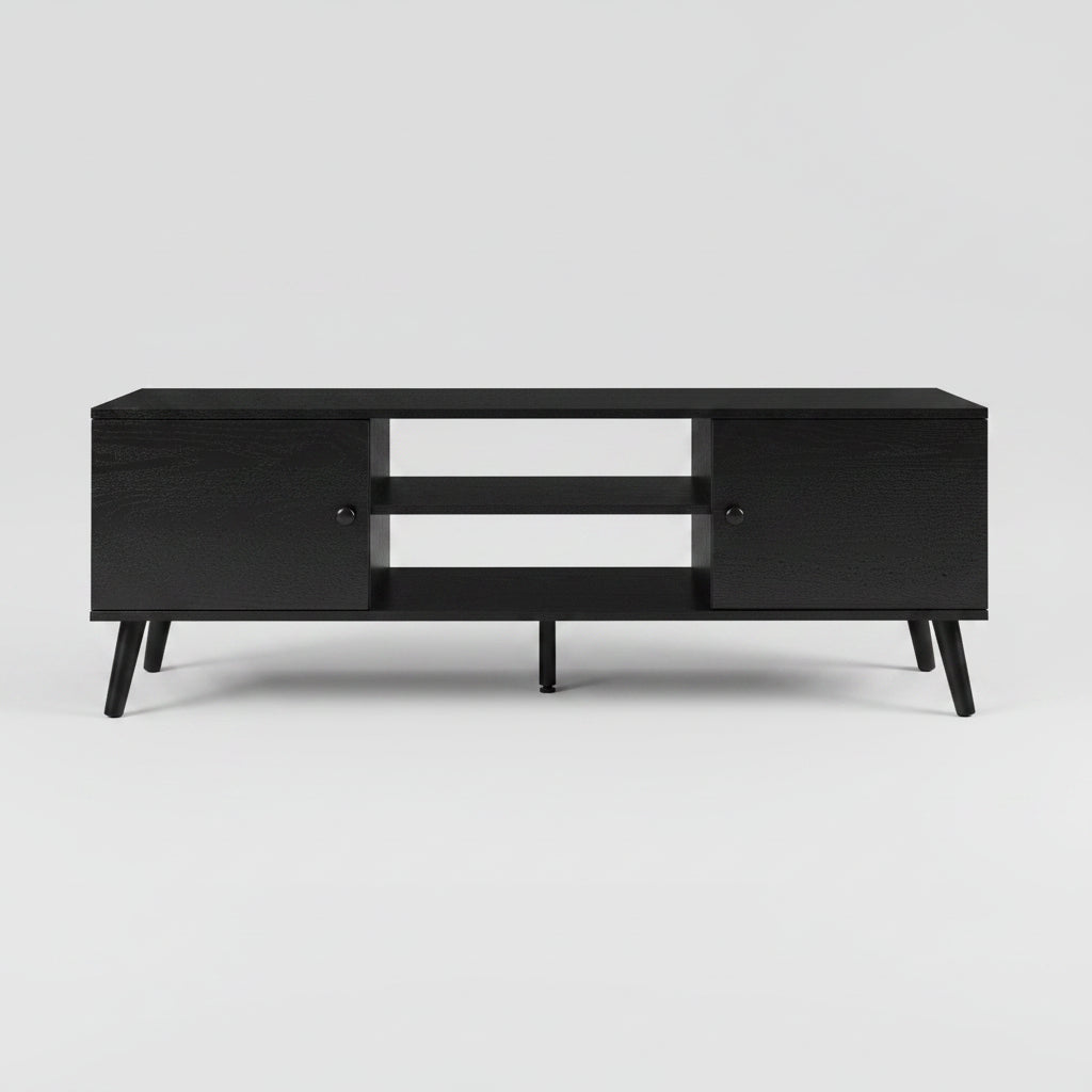 Black TV stand with dimensions and weight capacity displayed