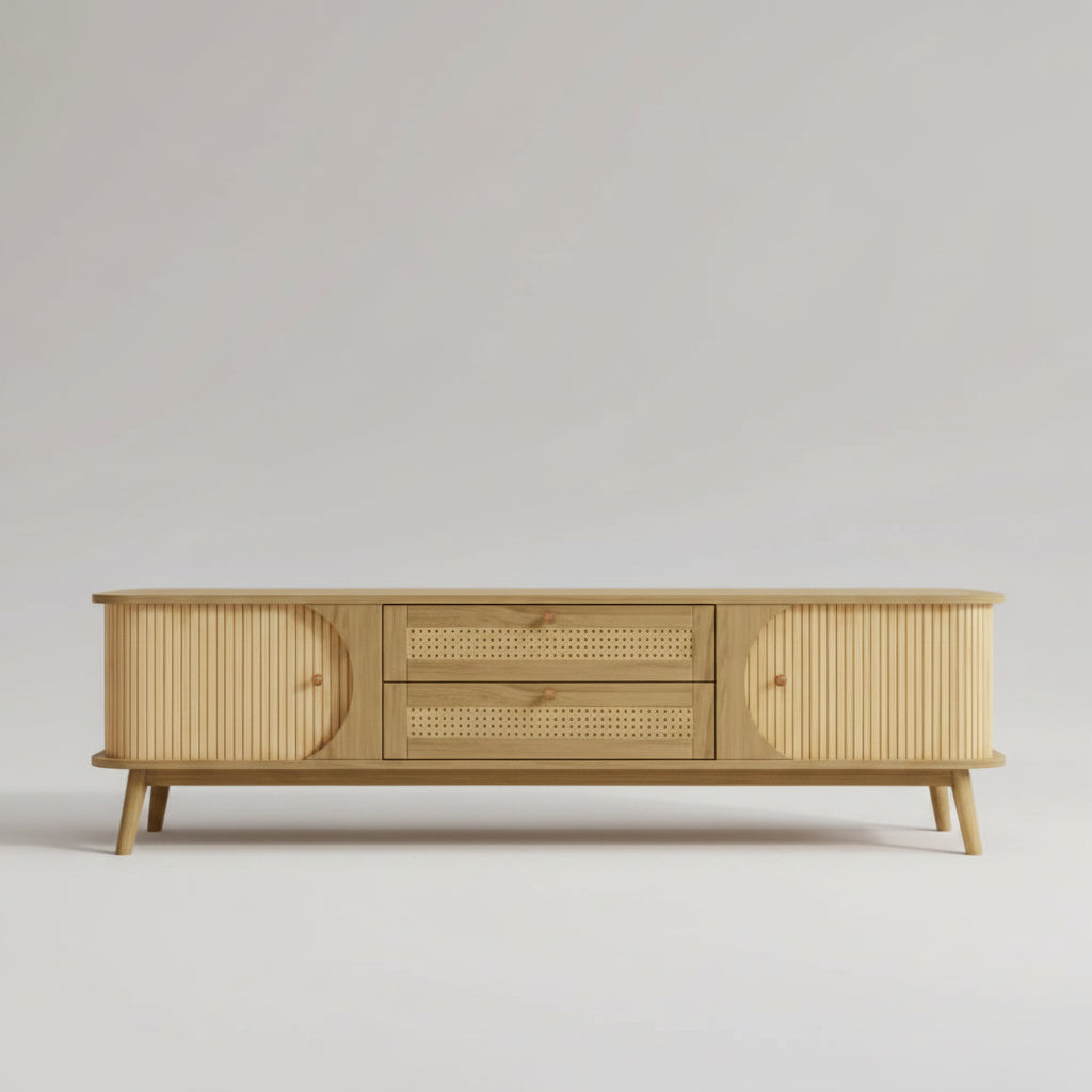 Rattan TV Stand For TVs Up To 75'', Modern Farmhouse Media Console, Entertainment Center With Solid Wood Legs, TV Cabinet For Living Room,Home Theatre...