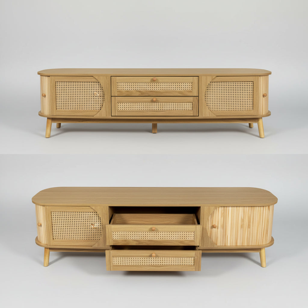 Rattan TV Stand For TVs Up To 75'', Modern Farmhouse Media Console, Entertainment Center With Solid Wood Legs, TV Cabinet For Living Room,Home Theatre..