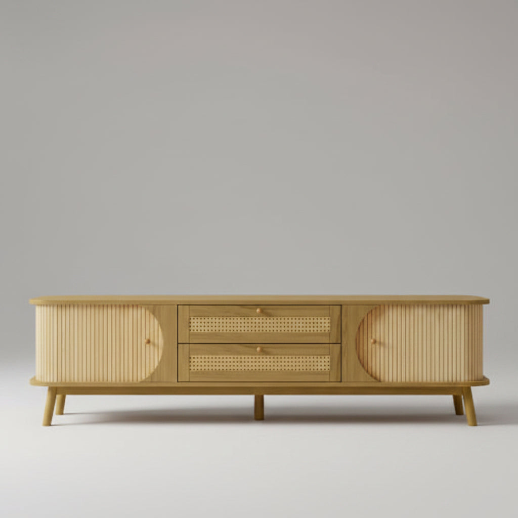 Rattan TV Stand For TVs Up To 75'', Modern Farmhouse Media Console, Entertainment Center With Solid Wood Legs, TV Cabinet For Living Room,Home Theatre.
