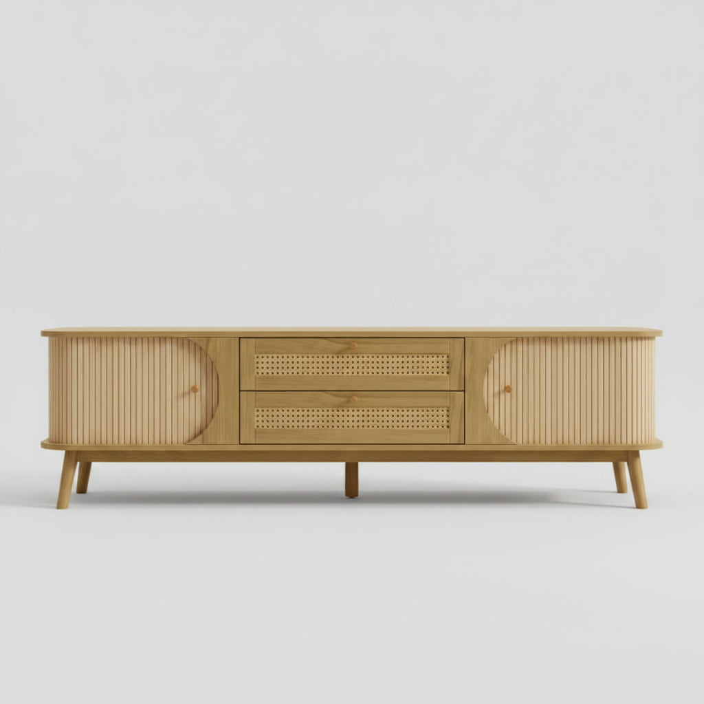 Rattan TV Stand For TVs Up To 75'', Modern Farmhouse Media Console, Entertainment Center With Solid Wood Legs, TV Cabinet For Living Room,Home Theatre