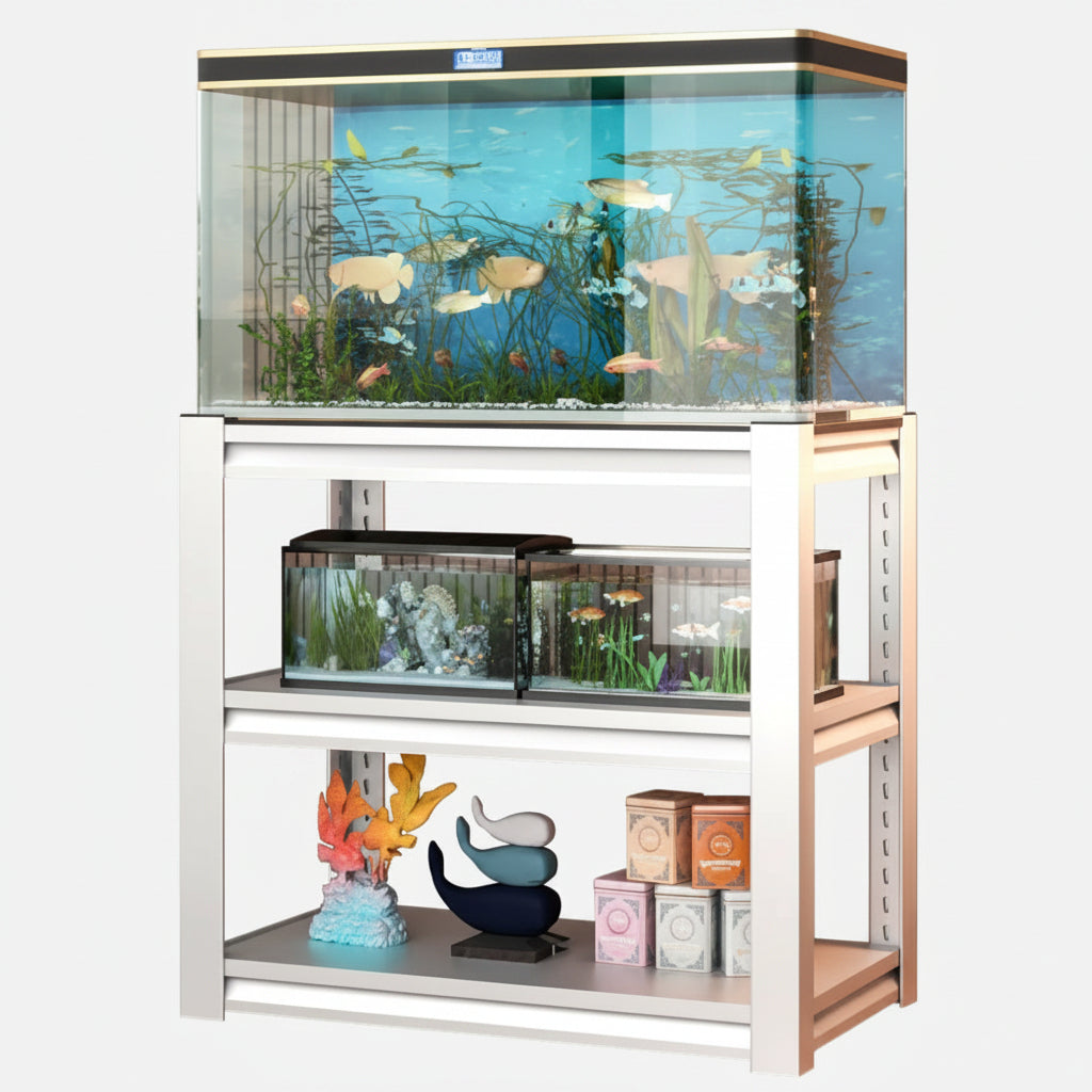 Fish tank with aquatic plants and fish on a white background