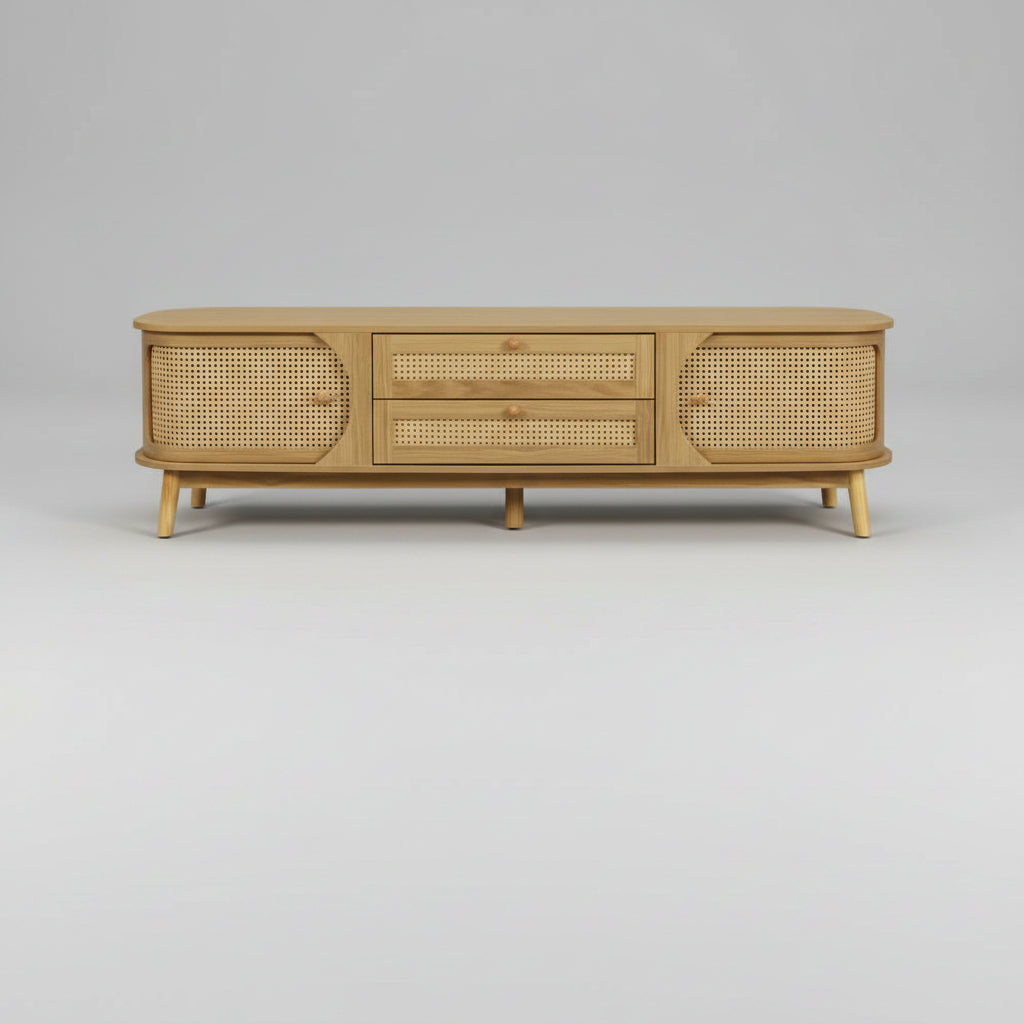 Wooden TV stand with dimensions labeled on a white background