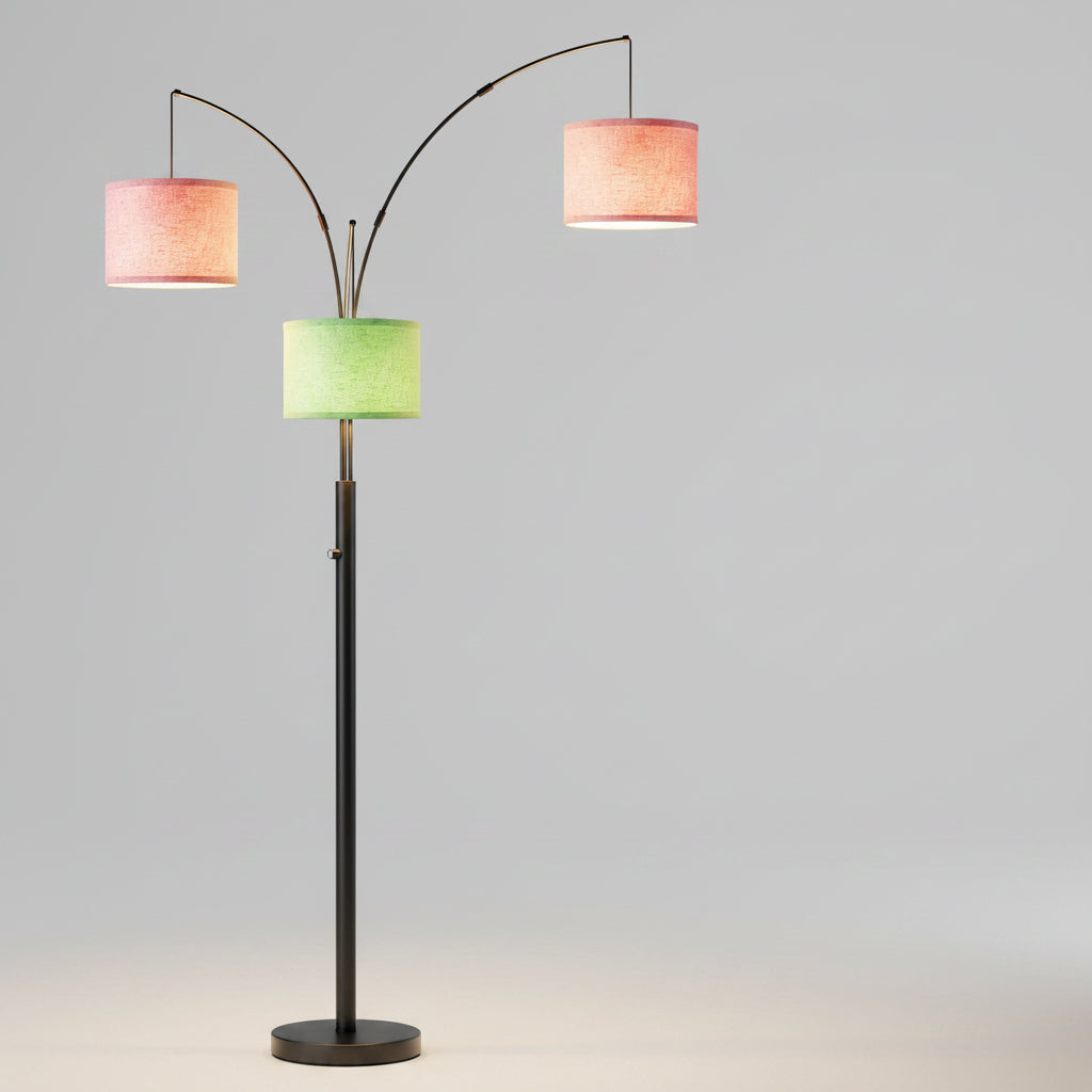 Colorful floor lamp with three lampshades in a room with a sofa and plant.