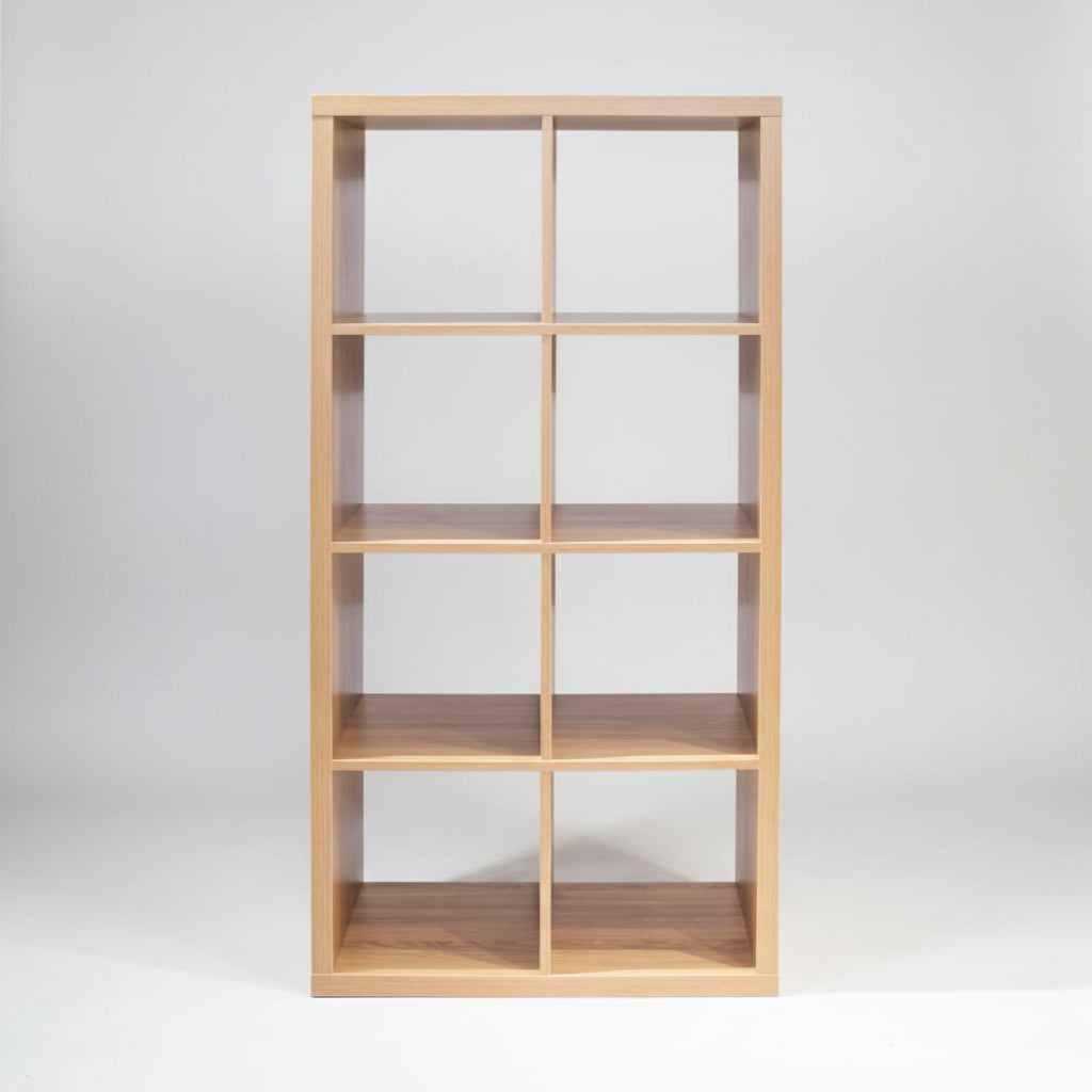Wooden bookshelf with five shelves on a white background