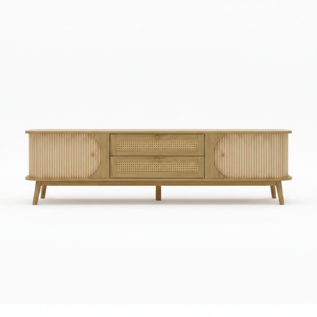 Wooden sideboard in a living room setting with text indicating versatility for various occasions.