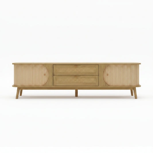 Wooden sideboard in a living room setting with text indicating versatility for various occasions.