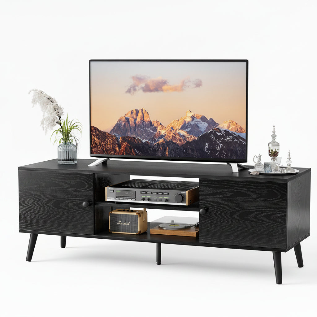 Black TV stand with a television displaying mountain scenery on a white background