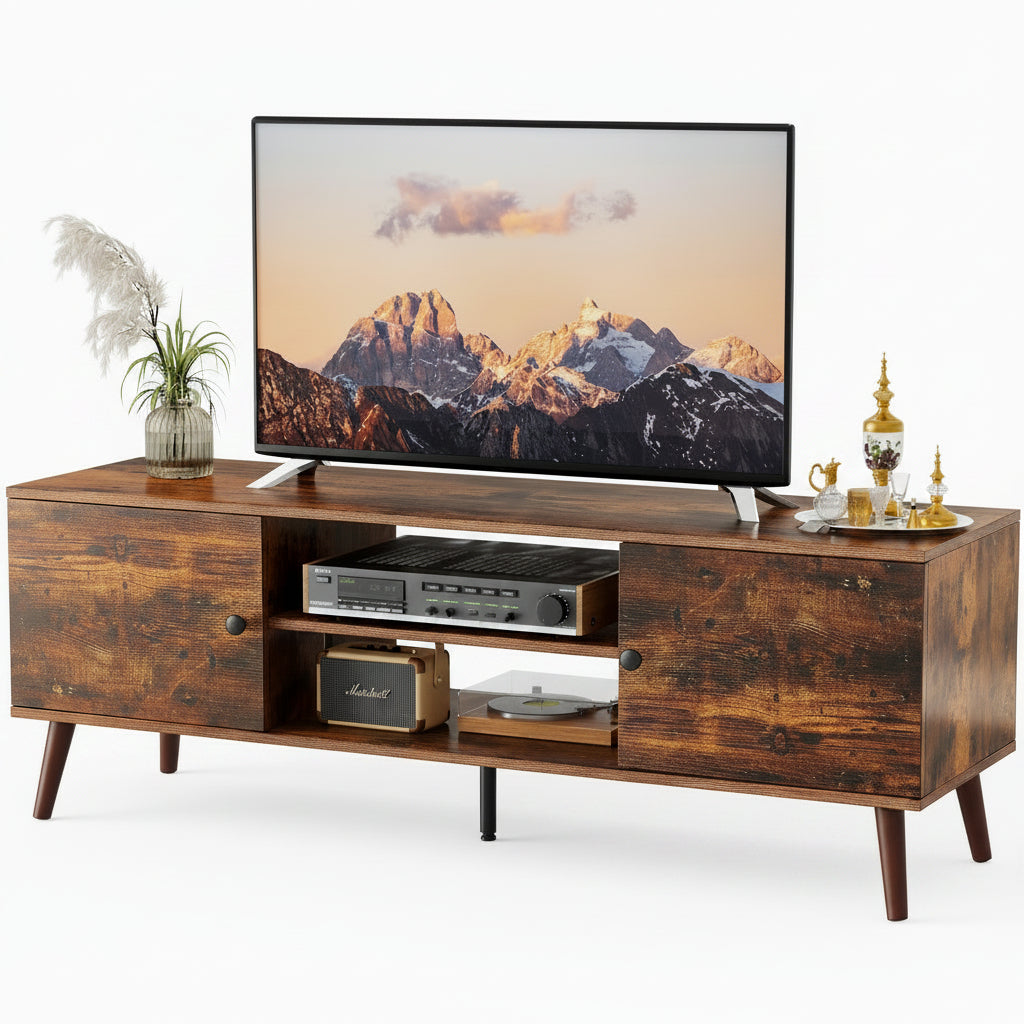 Living room with a wooden TV stand, sofa, and large windows showing a cityscape.